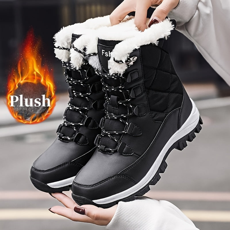 Women's High-Top Snow Boots, Solid Color, Round Toe, Warm Plush Lining, Anti-Slip Rubber Sole, Durable Fabric Insole, Man-Made Upper - Outdoor Casual Footwear, Winter Boots