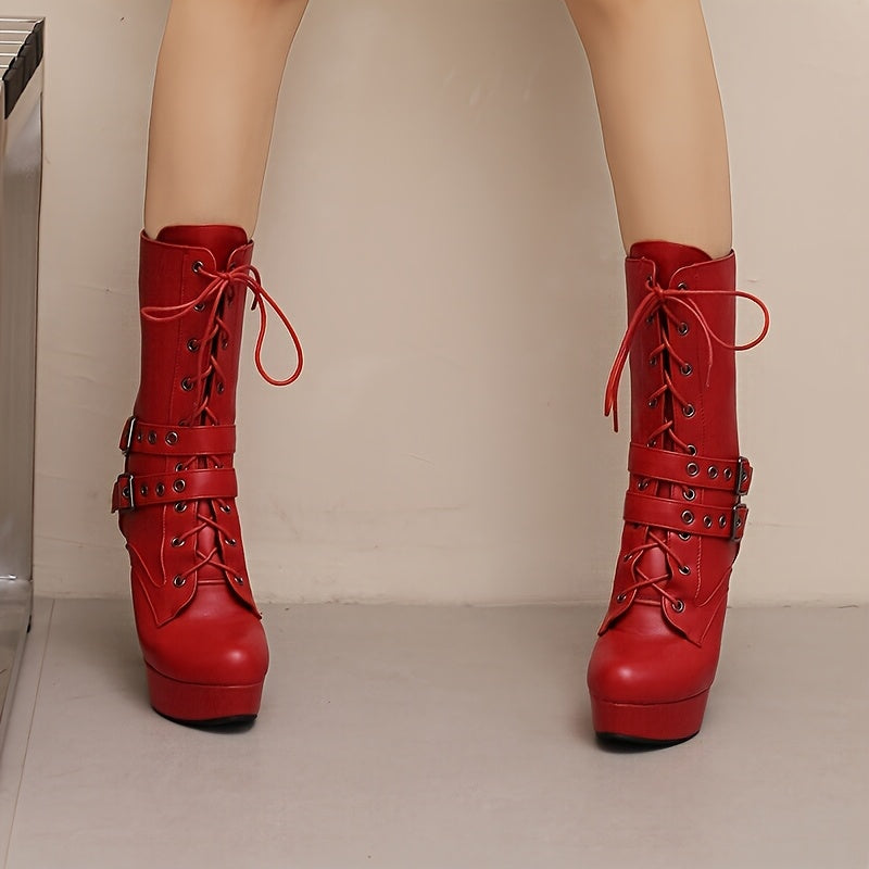 Women's Sexy Platform Ankle Boots with Chunky Heel - Lace-Up Chunky Heel Winter Boots, Faux Cover Upper & Rubber Sole, Round Toe Casual Chic for Casual Attire (Black), High Heel Boots