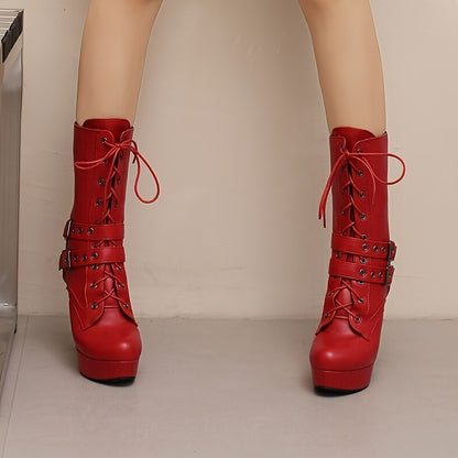 Women's Sexy Platform Ankle Boots with Chunky Heel - Lace-Up Chunky Heel Winter Boots, Faux Cover Upper & Rubber Sole, Round Toe Casual Chic for Casual Attire (Black), High Heel Boots