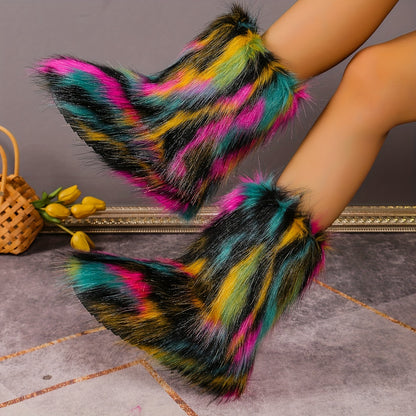 Chic Faux Fox Fur Winter Snow Boots for Women - Cozy Slip-On, Flat Heel, Round Toe with Soft Velvet Lining, Winter Boots