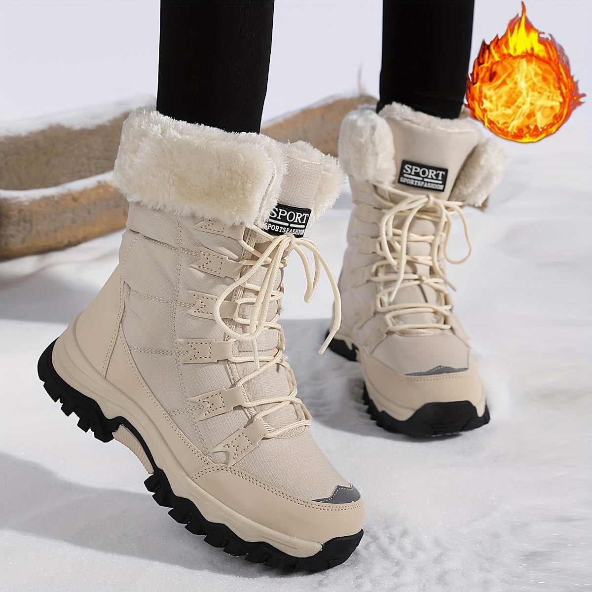[Fleece-Lined Winter Boots] Cozy Fleece-Lined Women's Winter Boots | Light Beige Mid-Calf Boots with Plush Faux Fur Trim, Thick TPR Sole & Lace-Up Design for Outdoor Sports, Casual Wear