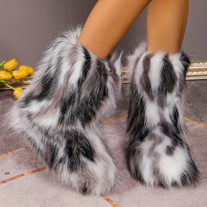 Chic Faux Fox Fur Winter Snow Boots for Women - Cozy Slip-On, Flat Heel, Round Toe with Soft Velvet Lining, Winter Boots