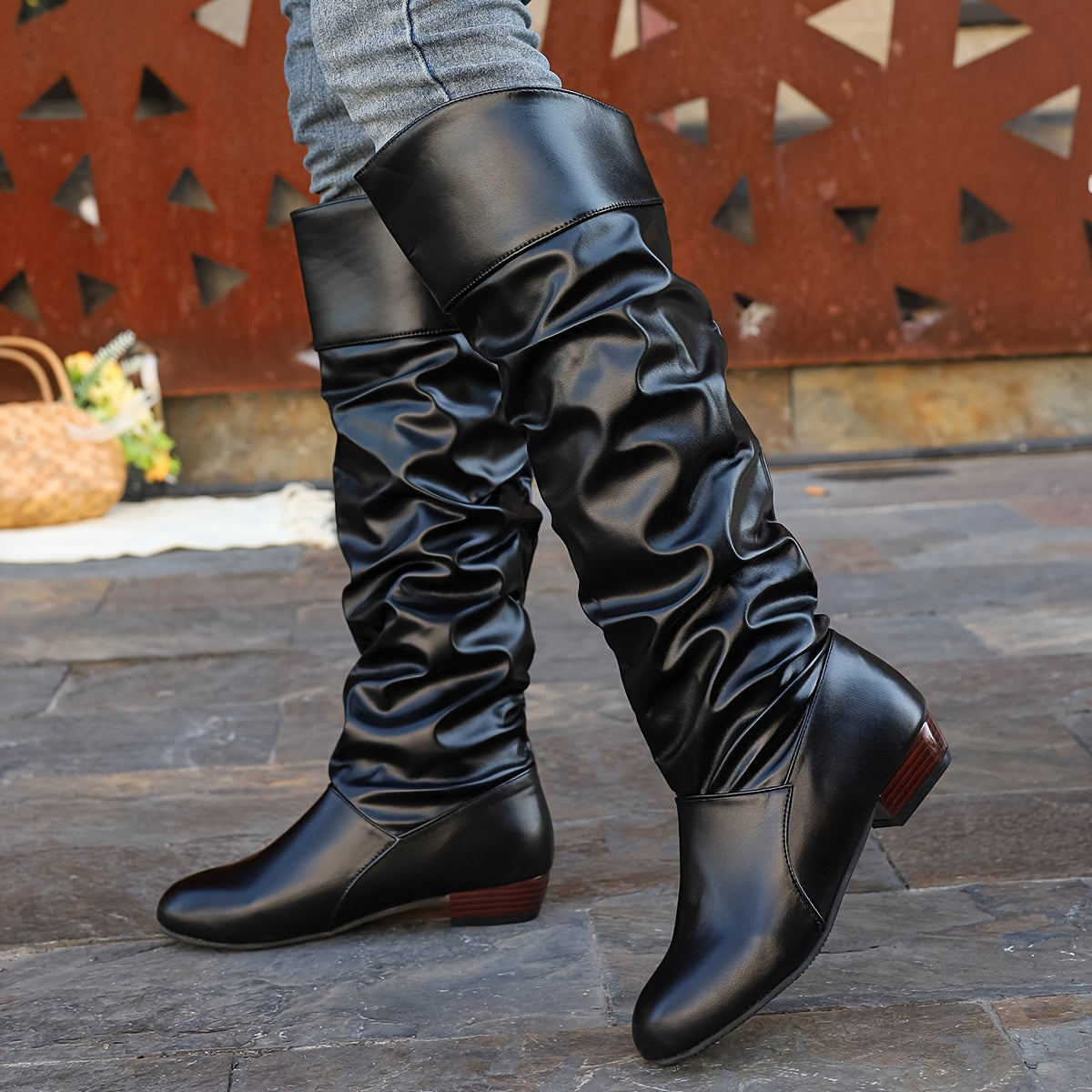 Stylish Women's Slouchy Boots - Pull-On, Chunky Heel, Round Toe, High Knee, Solid Color, Winter Boots - Comfortable, Trendy, and Warm