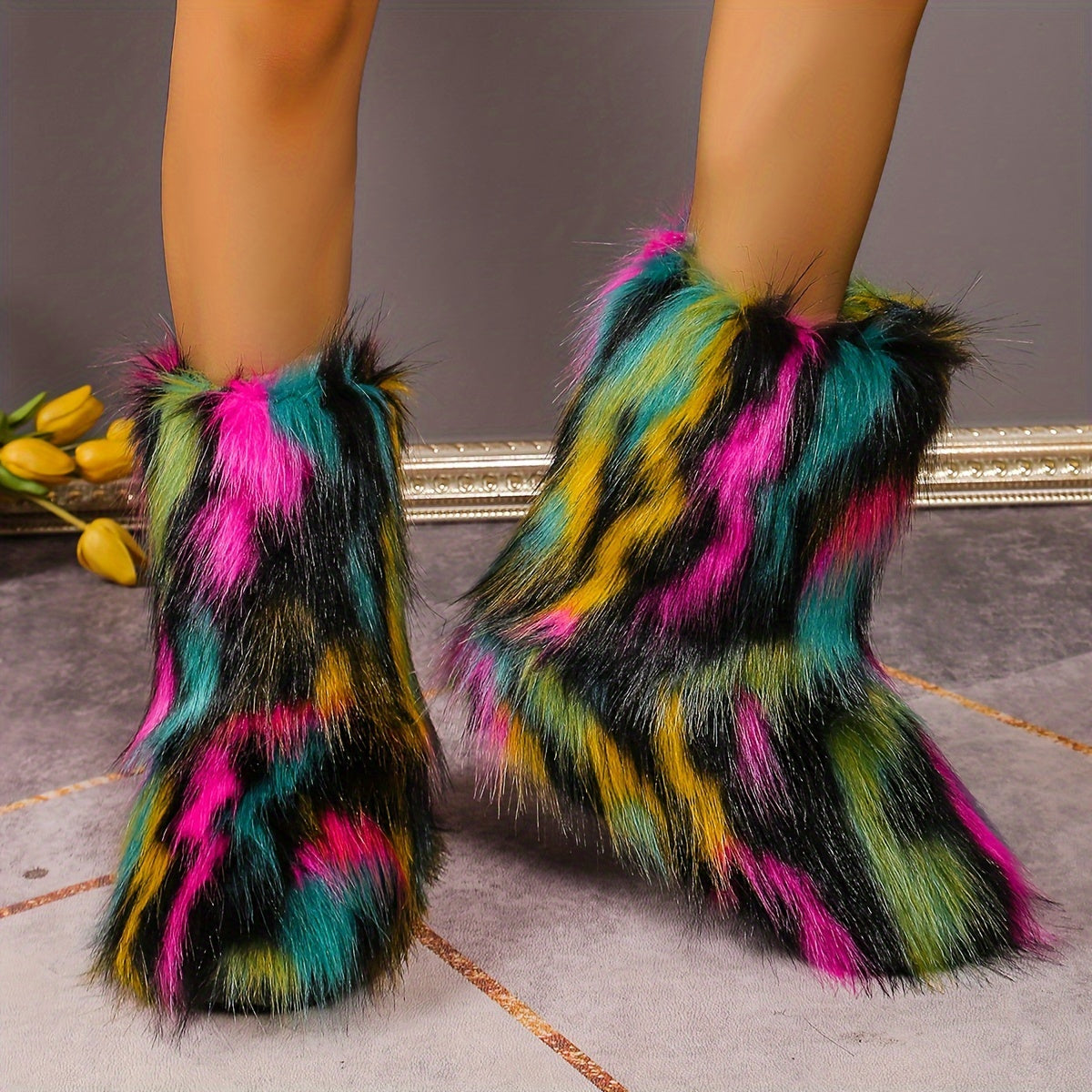 Chic Faux Fox Fur Winter Snow Boots for Women - Cozy Slip-On, Flat Heel, Round Toe with Soft Velvet Lining, Winter Boots