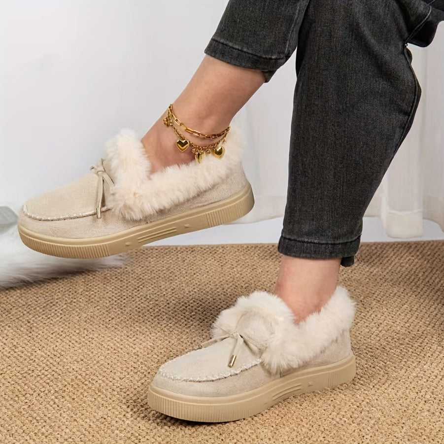 1PC Fleece Lined Snow Boots for Women, Short Flat and Warm Winter Boots with Smooth Color Laces
