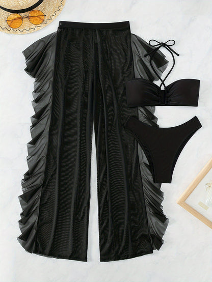 Pure Black Sexy Semi-Sheer Fashion Ruched Crisscross Strap Mesh Panty Bikini Set for Women