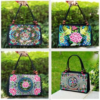 Embroidered Handbag, Double Zipper Bag, Women's Printed Handbag