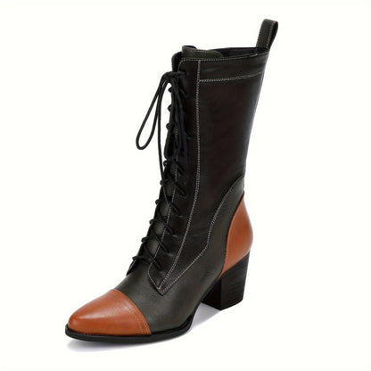 Women's Mid Calf Boots Lace Up Combat Boots Side Zipper Winter Boots Faux Fur Lining