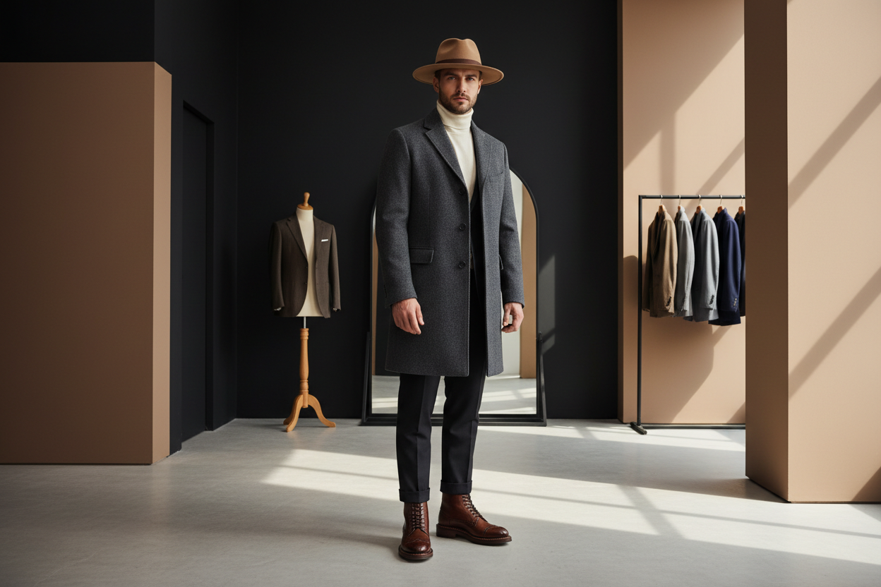 refined men’s fashion editorial scene for a luxury brand. A confident male model wearing a tailored wool coat, premium leather boots, and a classic structured hat. The boots are the focal point, showcasing rich leather texture, detailed stitching, and a polished finish. The hat complements the look with a timeless, masculine style. The setting is a minimalist high-end atelier with neutral tones (black, brown, beige), soft natural lighting, subtle shadows, and an elegant boutique atmosphere. Ultra-realistic,